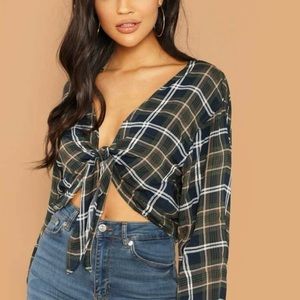 Cropped Flannel Top with Front Tie.